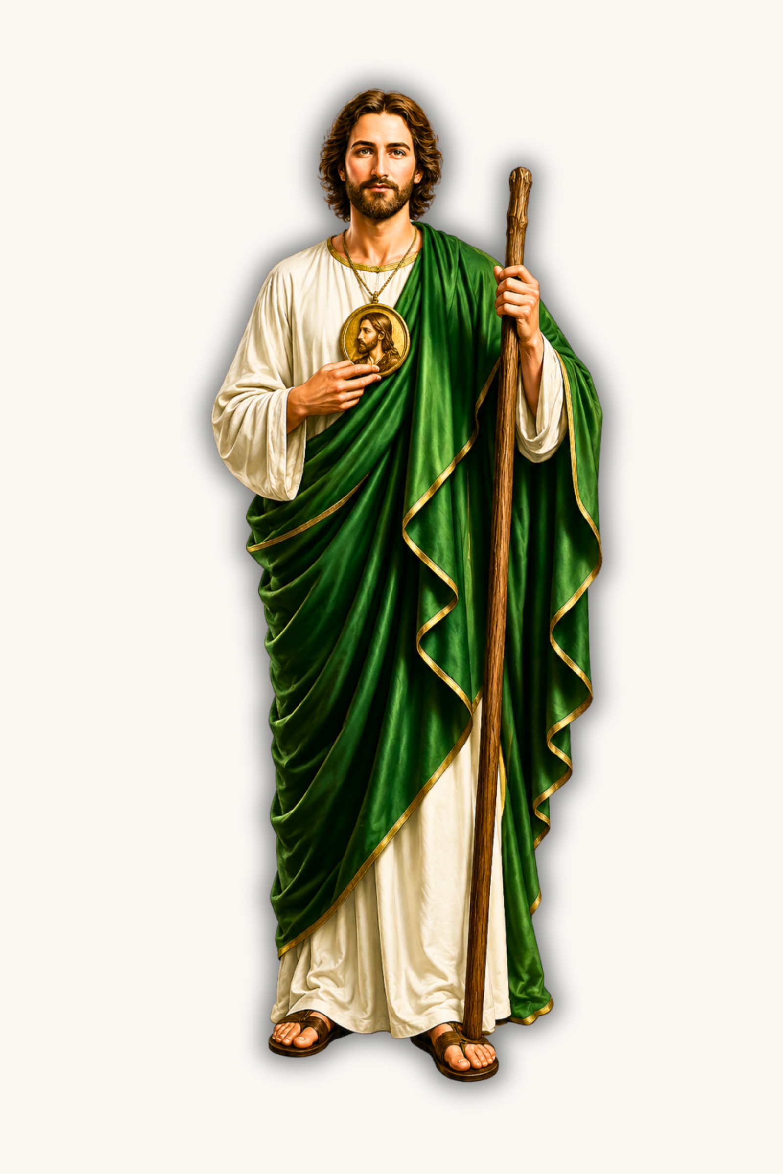 St. Jude Thaddeus wearing a green mantle, holding a staff and a medallion of Christ