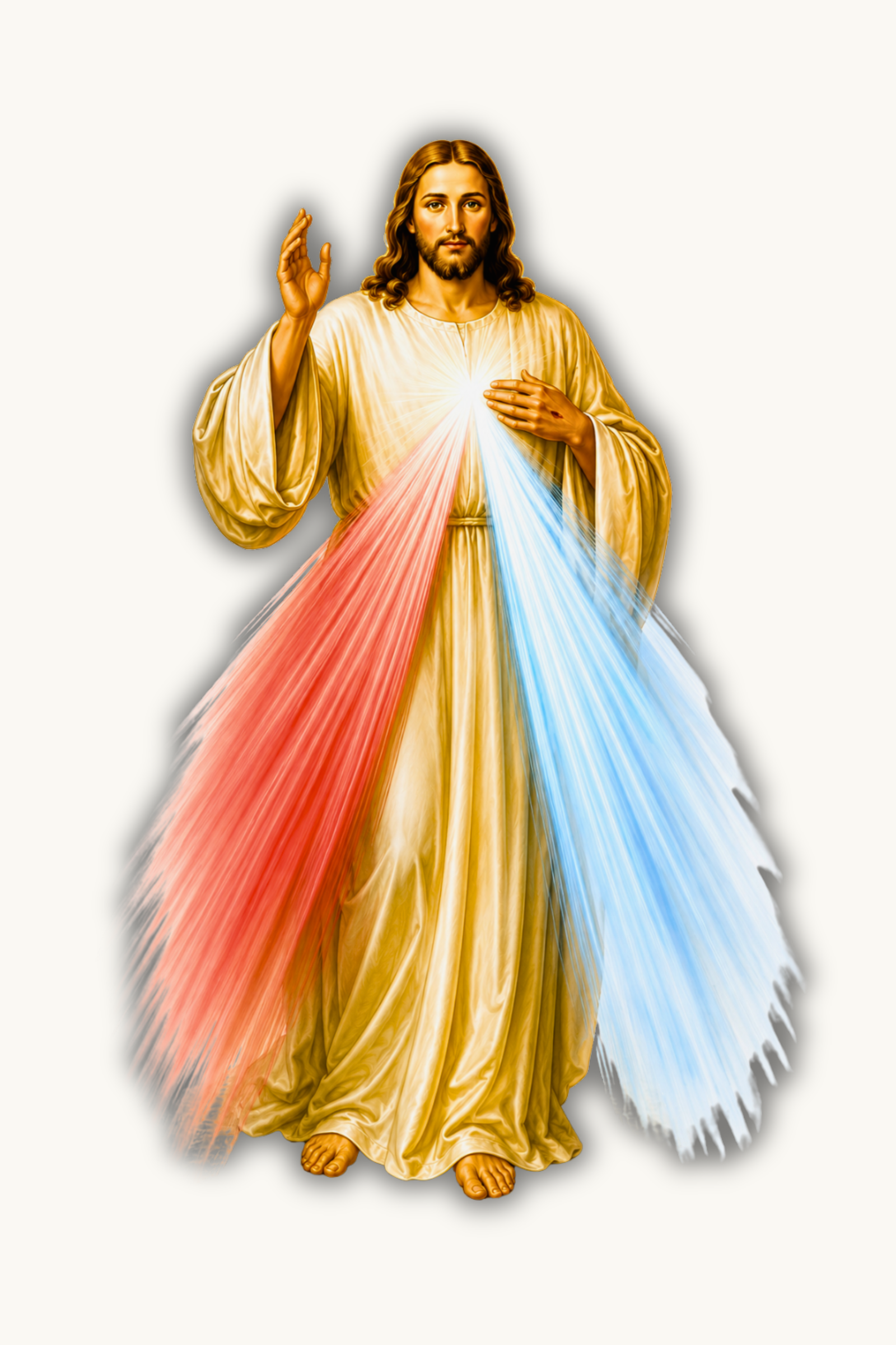 Jesus Christ depicted in the Divine Mercy devotion with red and pale rays flowing from His Heart