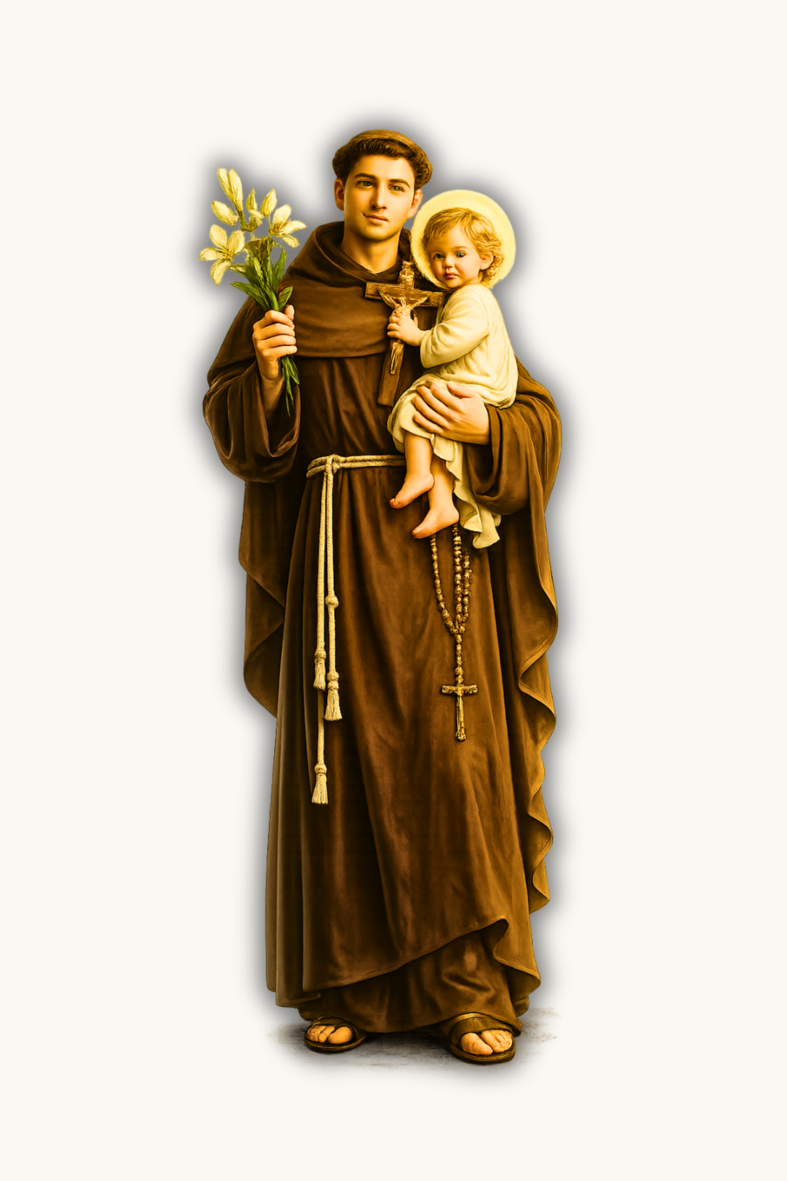 St. Anthony of Lisieux holding the Child Jesus and lilies in a reverent Catholic devotional style