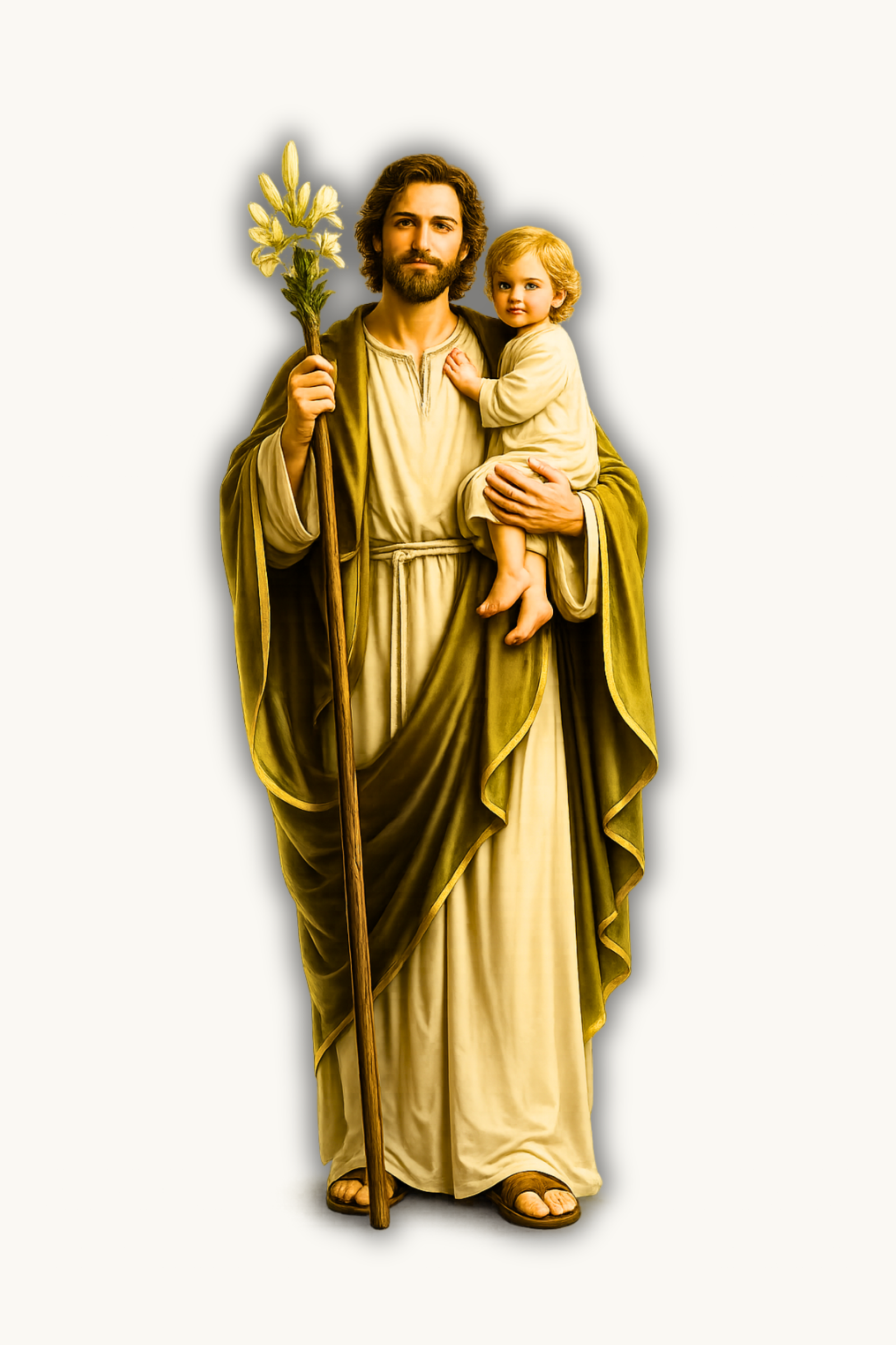 St. Joseph holding the Child Jesus and lilies, depicted in a reverent Catholic devotional style
