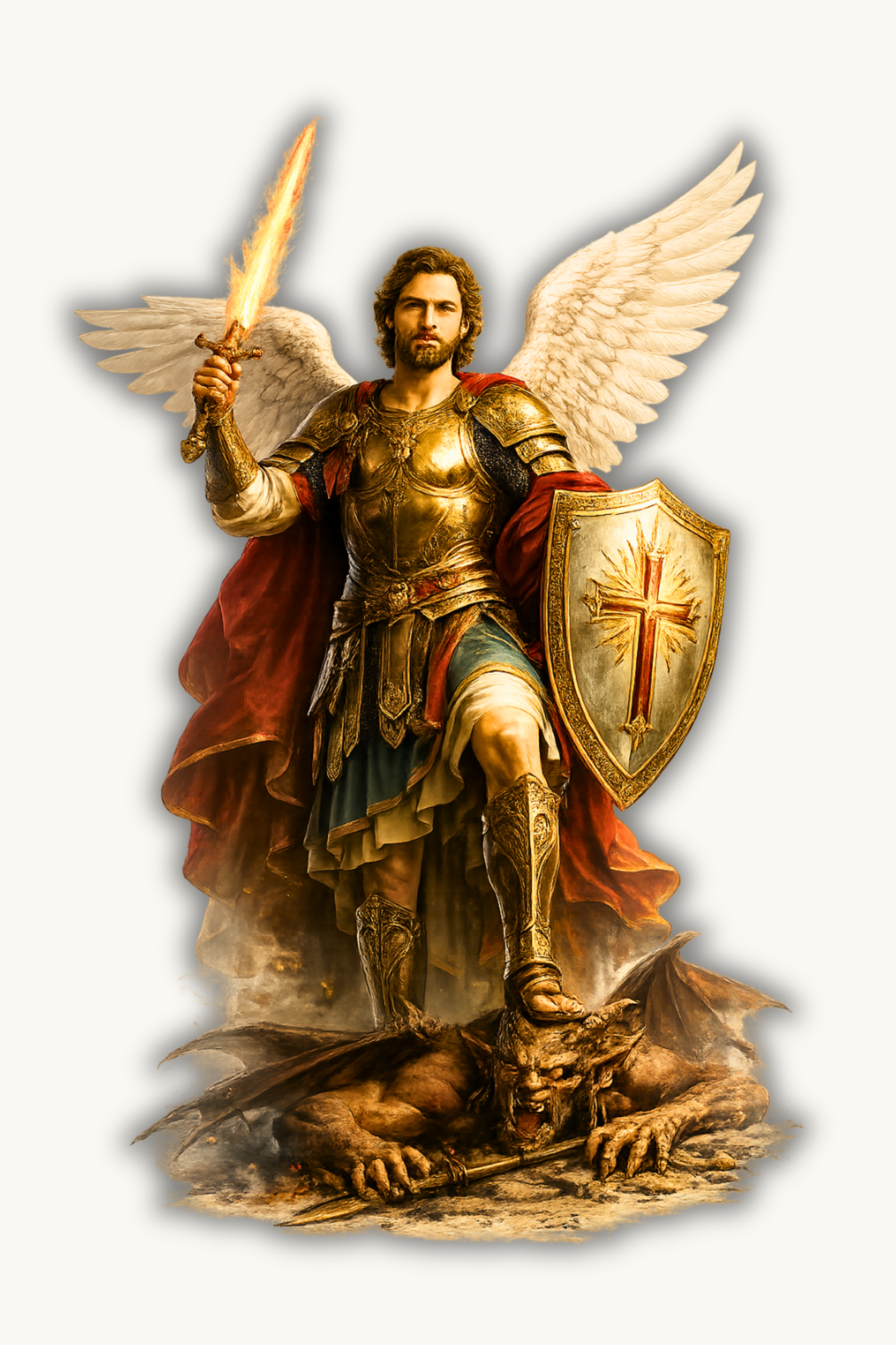 St. Michael the Archangel in armour, holding a sword and shield in a reverent Catholic devotional style