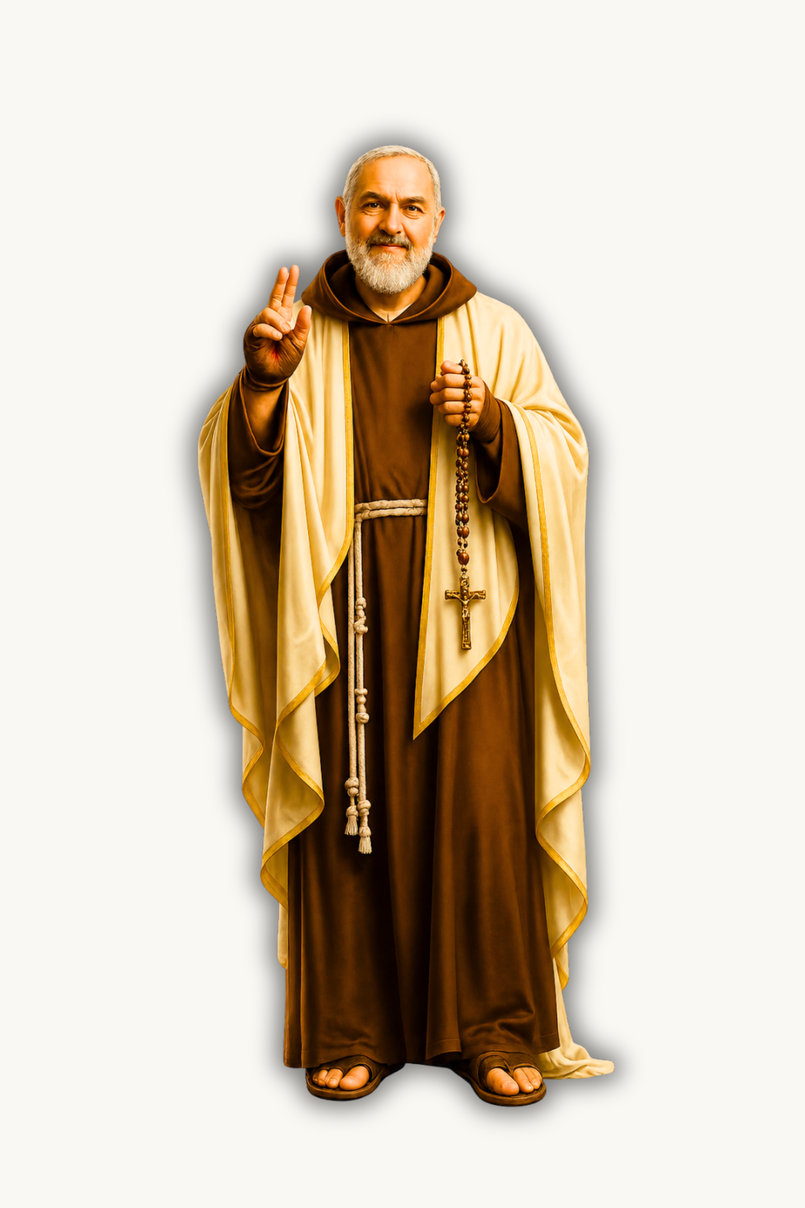 St. Padre Pio wearing the brown Capuchin habit, holding a rosary in prayer