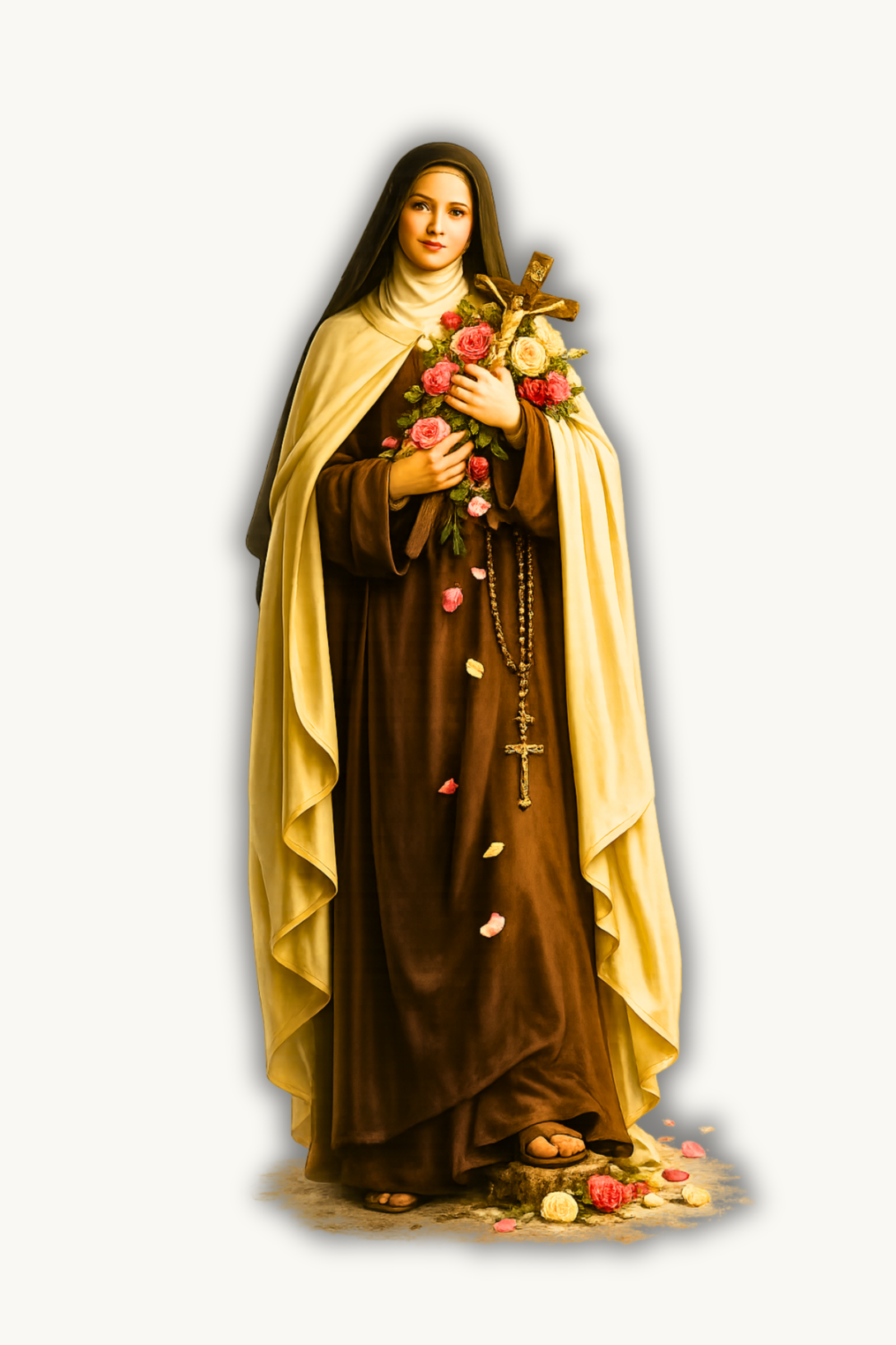 St. Thérèse of Lisieux holding roses and a crucifix in a reverent Catholic devotional style